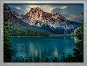 Park Narodowy Yoho, Kolumbia Brytyjska, Jezioro, Kanada, Góry Skaliste, Emerald Lake, Drzewa, Zachód słońca