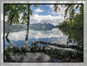 Brzozy, Jezioro Lake McDonald, Odbicie, Góry, Stany Zjednoczone, Drzewa, Stan Montana, Chmury, Park Narodowy Glacier