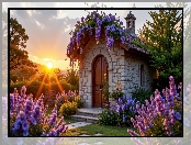 Glicynia, Lawenda, Kamienna, Promienie słońca, Dom, Kwiaty, Budowla