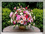 Krzewy, Stół, Róże, Drewniany, Piwonie, Kwiaty, Bukiet, Wazon, Lilie, Grafika AI