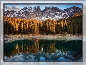 Góry, Karersee, Las, Jesień, Odbicie, Alpy, Lago di Carezza, Jezioro, Dolomity, Góry, Włochy, Drzewa