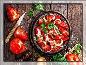 Cebula, Miska, Pomidory, Nóż, Sałatka, Pietruszka