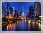 Chicago, Wieżowce, Noc, Rzeka