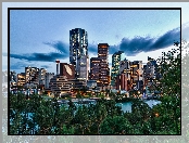 Calgary, Chmury, Drzewa, Panorama, Miasta, Rzeka, Bow