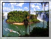 Chmury, Wodospady, Iguazu, Łódki, Drzewa