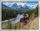 Chmury, Góry Skaliste, Ośnieżone, Drzewa, Kanada, Las, Park Narodowy Banff, Alberta, Szczyty, Rzeka, Bow River, Pociąg