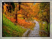 Chodnik, Jesień, Drzewa, Latarnie, Park