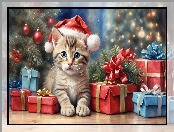 Boże Narodzenie, Prezenty, Choinka, Kot, 2D
