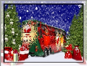 Choinka, Autobus, Świąteczny, Grafika, Drzewa, Prezenty