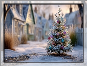 Zima, Boże Narodzenie, Domy, Grafika AI, Bombki, Choinka