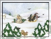Choinka, Zima, Śnieg, Pingwiny, Sanie