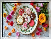 Talerz, Białe, Kwiaty, Udekorowane, Gerbery, Tło, Kolorowe, Ciasteczka