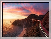 Kalifornia, Zachód słońca, Most, Droga, Bixby Creek Bridge, Morze, Region Big Sur, Góry, Wybrzeże, Stany Zjednoczone
