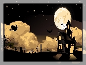 Czarownica, Dom, Halloween, Noc, Księżyc, Cmentarz