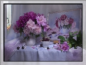 Kwiaty, Czereśnie, Serweta, Bukiet kwiatów, Piwonie, Wazon, Obraz