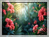 Hibiskus, Czerwone, Liście, Kwiaty, Grafika