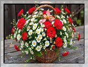 Wiklinowy, Koszyk, Bukiet, Deski, Białe, Kwiaty, Czerwone