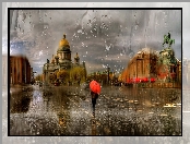 Deszcz, Kobieta, Petersburg, Budowle, Parasolka, Ulica