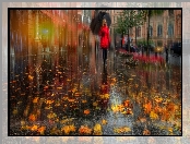Deszcz, Kobieta, Parasol, Ulica, Liście