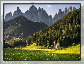 Włochy, Las, Drzewa, Dolina Val di Funes, Kościół św. Jana, Dolomity, Góry