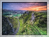 Przełęcz, Winnats Pass, Anglia, Wschód słońca, Park Narodowy Peak District, Góry, Derbyshire