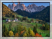 Góry, Val di Funes, Wieś, Santa Maddalena, Lasy, Dolina, Włochy, Rozświetlone, Drzewa, Kościół, Dolomity