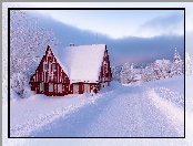 Dom, Śnieg, Droga, Drzewa