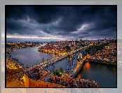 Most Ponte Dom Luis I, Porto, Portugalia, Chmury, Rzeka Duero, Ciemne
