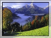 Domek, Bavaria, Niemcy, Mgła, Góry