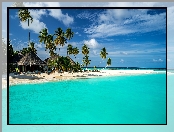 Malediwy, Domki, Chmury, Ocean, Morze, Palmy, Plaża
