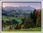 Domy, Lasy, Góry, Panorama, Łąki, Jesień
