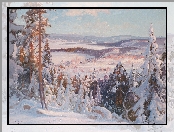 Zima, Malarstwo, Carl August Brandt, Drzewa, Góry, Dolina, Domy