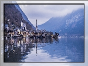 Austria, Kościół, Chmury, Hallstatt, Góry Alpy Salzburskie, Jezioro Hallstattersee, Domy