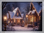 Domy, Noc, Choinka, Boże Narodzenie, Światła, Grafika, Drzewa, Zima
