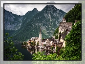 Domy, Kościół, Góry, Austria, Jezioro Hallstattersee, Hallstatt, Alpy Salzburskie