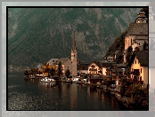 Domy, Kościół, Góry, Austria, Jezioro Hallstattersee, Hallstatt, Alpy Salzburskie