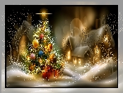 Domy, Bombki, Noc, Boże Narodzenie, Prezenty, Grafika AI, Śnieg, Choinka