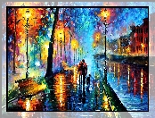 Domy, Obraz, Leonid Afremov, Ulica, Latarnie