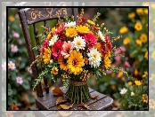 Bukiet, Drewniane, Krzesło, Kwiaty, Liście