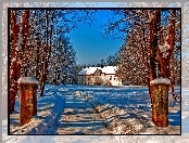 Droga, Zima, Śnieg, Dom, Drzewa