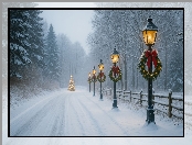 Droga, Mgła, Wieńce, Boże Narodzenie, Choinka, Las, Latarnie, Zima