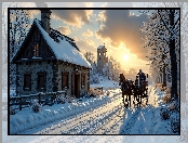 Droga, Powóz, Konie, Zima, Bryczka, Zachód słońca, Drzewa, Dom