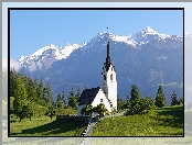 Alpy, Drzewa, Kościół, Szwajcaria, Góry, Kanton Gryzonia