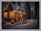 Las, Zima, Dekoracje, Drzewa, Dom, Boże Narodzenie