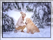 Dziewczynka, Drzewa, Zima, Golden retriever, Śnieg, Pies