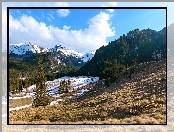 Śnieg, Góry, Wzgórza, Drzewa, Domek