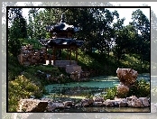 Kamienie, Park, Altana, Drzewa, Staw