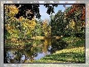 Drzewa, Park, Rzeka, Jesień, Kolorowe, Liście