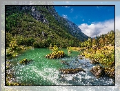 Rzeka, Park Narodowy Folgefonna, Norwegia, Kamienie, Góry, Skały, Drzewa