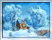 Drzewa, Zima, Śnieg, Domek